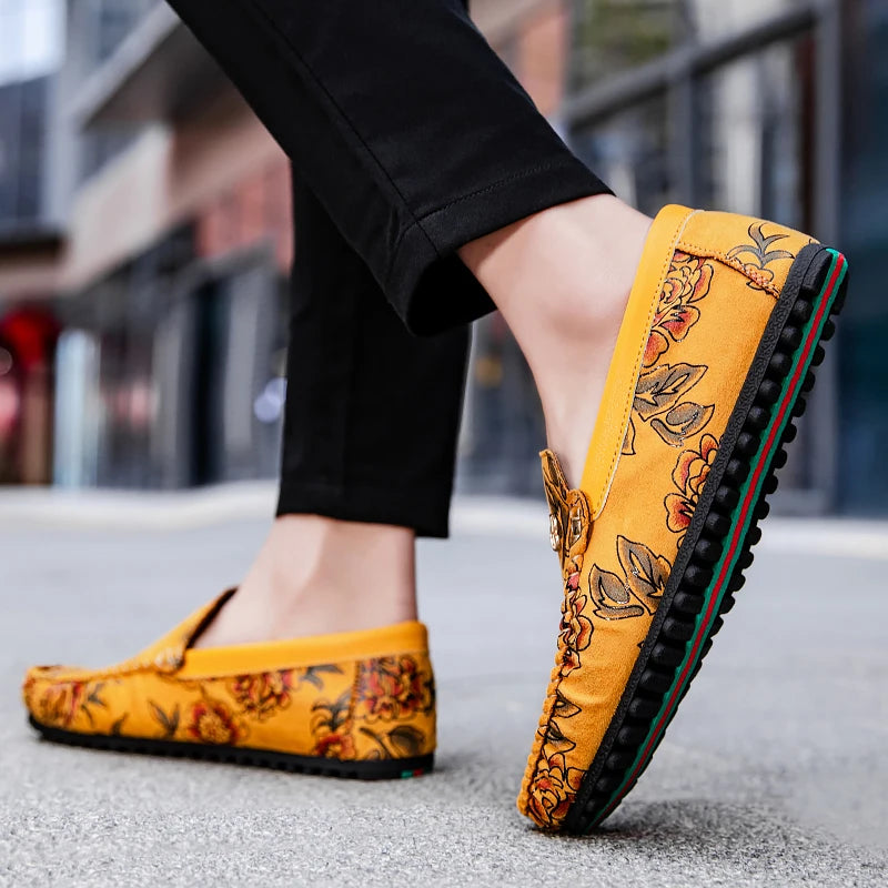 Rose Print Loafers Flats High Quality Suede Casual Shoes For Man