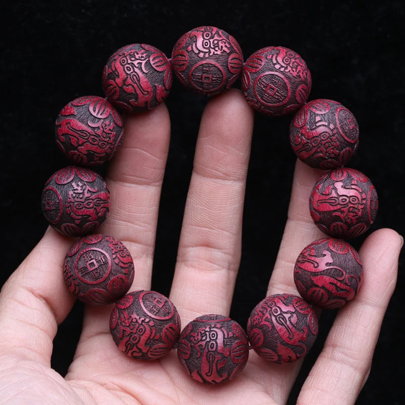 Multicolor Wooden Bracelet Men's 20mm Elastic Bead Lucky Mythical Animal Sculpture