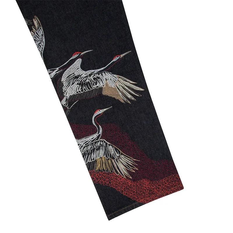 High Quality Washed Crane Landscape Embroidery Vintage Japanese Straight Leg Jeans Men's Streetwear