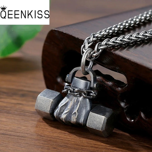 925 Sterling Silver Vintage Fist Dumbbell Necklace Pendant For Women Men Fine Jewelry