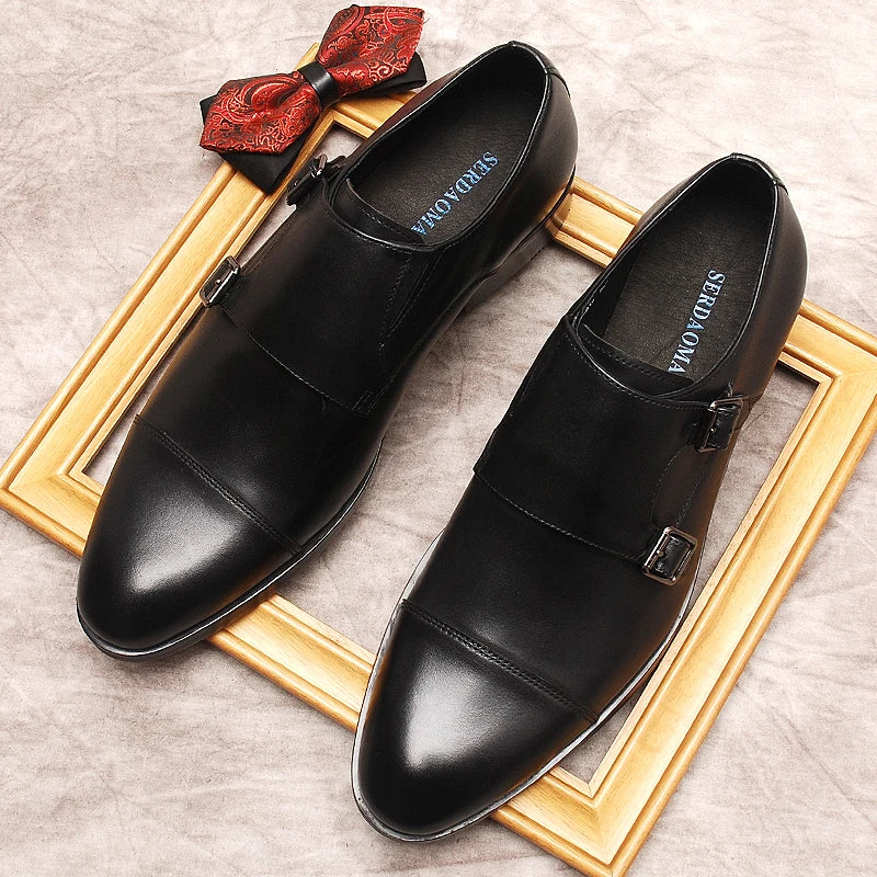 Luxury Men Slip On Double Monk Strap Dress Genuine Leather Shoes