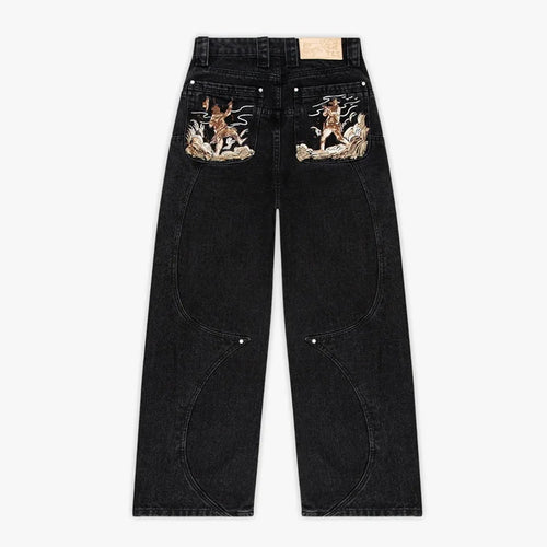 Western Pistol Pendant Pocket Embroidery High Quality Loose Wide Leg Jeans Trend Men's Streetwear