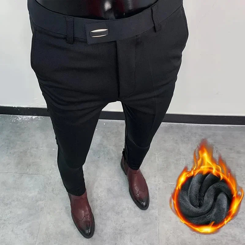 Men Woolen Thicken Keep Warm Formal Solid Slim Suit Pants