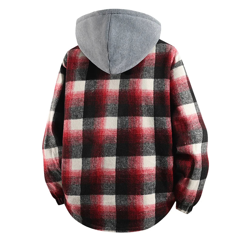 Plus Size Men's Fake 2pcs High Quality Cotton Plaid Loose Hooded Shirt Jackets