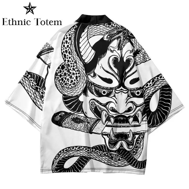 Men Demon Dragon Pattern Printed Kimono Cardigan Japanese Traditional Cloak