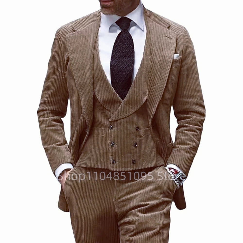 Corduroy Men's Suit Formal Tuxedo Slim Fit Blazer 3-piece Set Elegant Suit Men XS-6XL