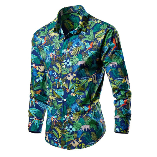 High-quality Men's Cotton Thin Slim Luxury Long Sleeve Hawaiian Shirt Lapels