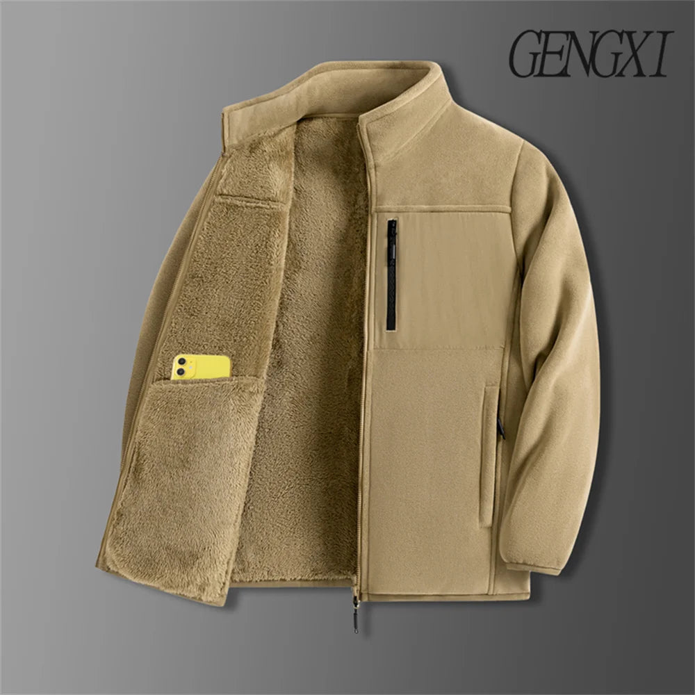 Thickened Thermal Basic Fleece Stand Collar Patchwork Design  Jacket