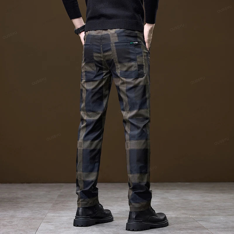 Luxury Plaid Casual Men Elastic Waist Slim Fit Korean Long Trousers