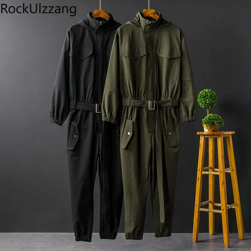 Zip Up Long Sleeve Hooded Jumpsuit Men Streetwear Japanese Romper Overalls