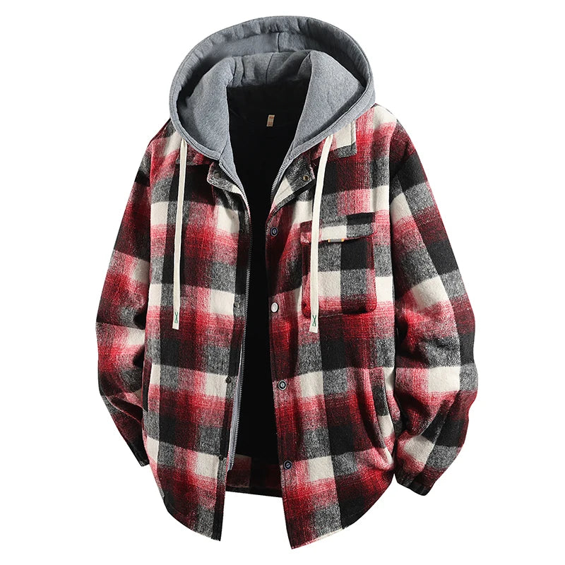 Plus Size Men's Fake 2pcs High Quality Cotton Plaid Loose Hooded Shirt Jackets