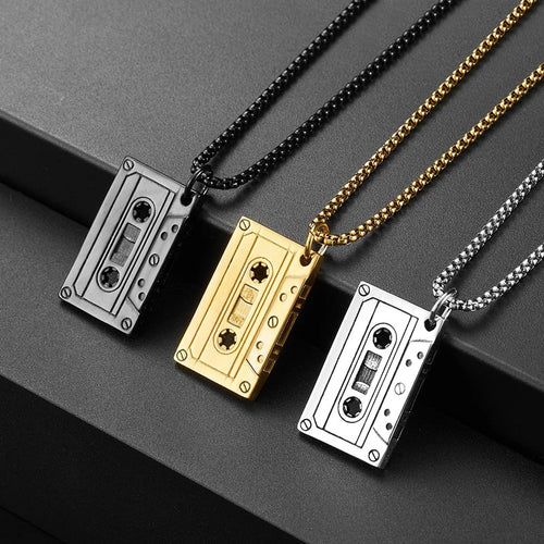 Punk Style Necklace Unisex 316L Stainless Steel Cassette Tape Pendant Chain Jewelry