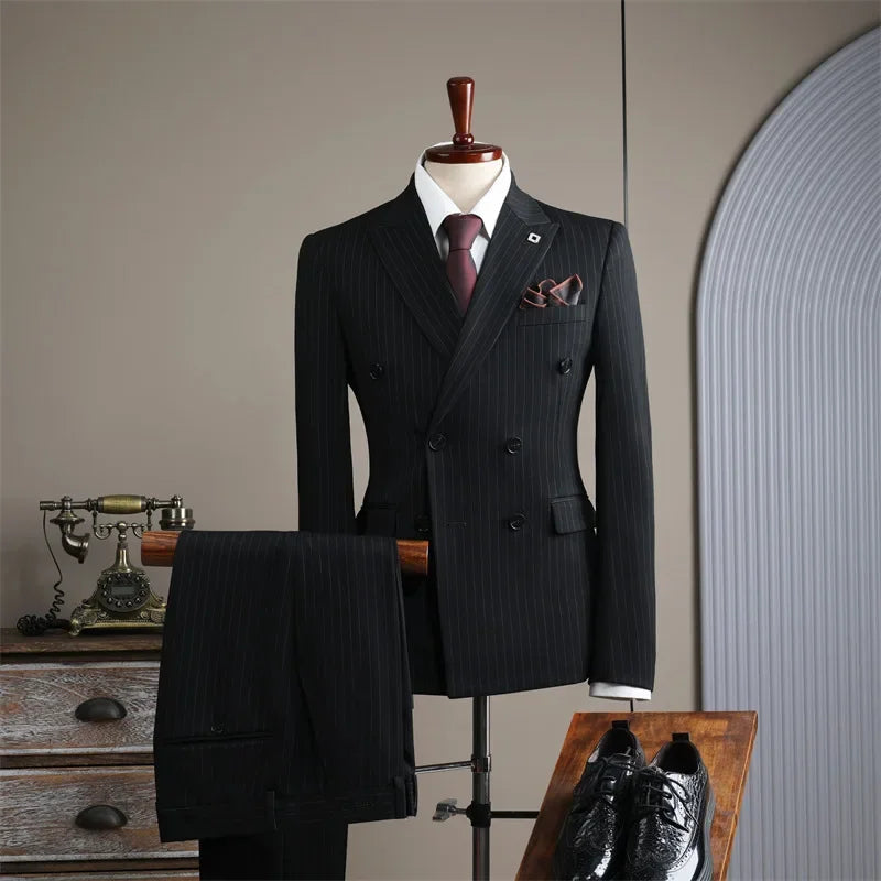 High-end Double-breasted Striped Suit for Men Casual Dress
