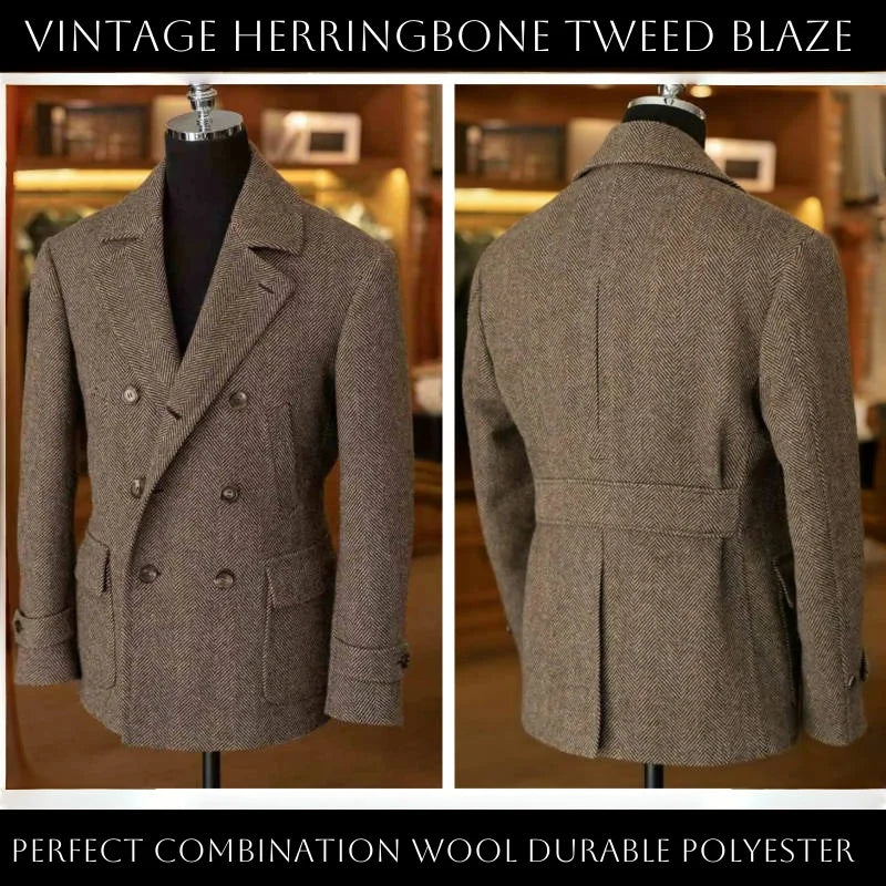 Men's Vintage Herringbone Tweed Blazer British Double Breasted Lightweight Coat