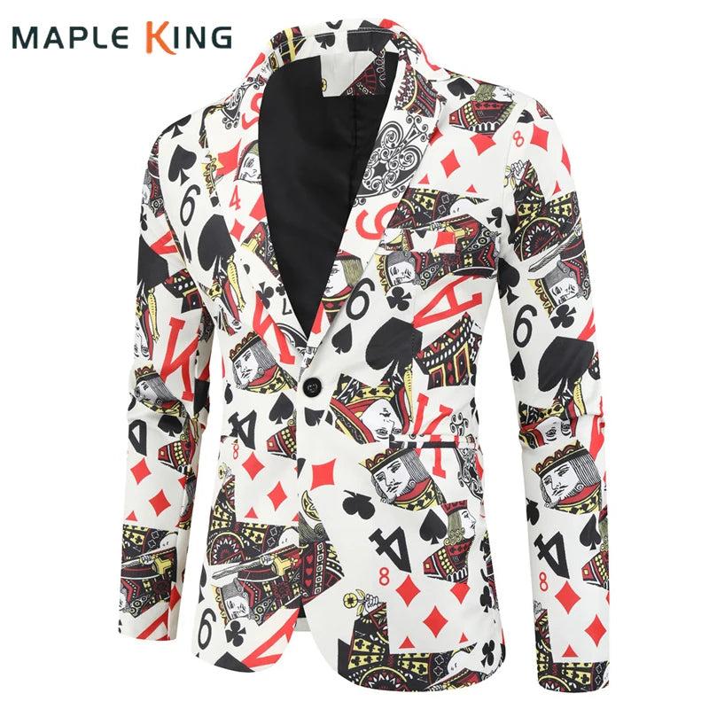 Playing Cards Poker Print Men's Blazer Jacket Korean Fashion