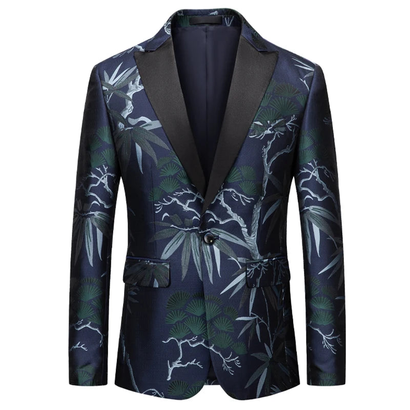 Peak Lapel Men Floral Suit Jacket Single Button Dress Coat