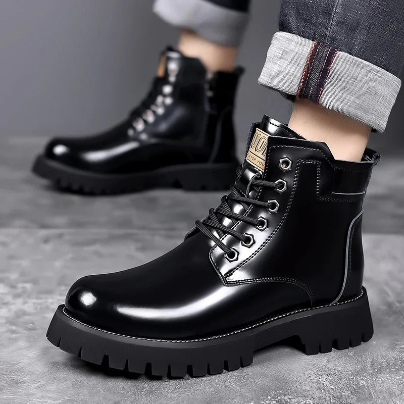 Shiny Genuine Leather Men's Platform A Men High-top Boots