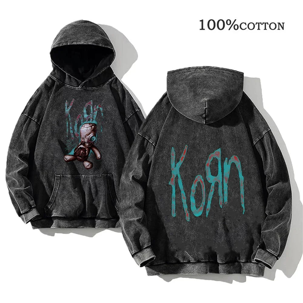 Korn World Tour Hoodies Vintage Washed Men's Sweatshirts Cotton Streetwear Hooded Pullover