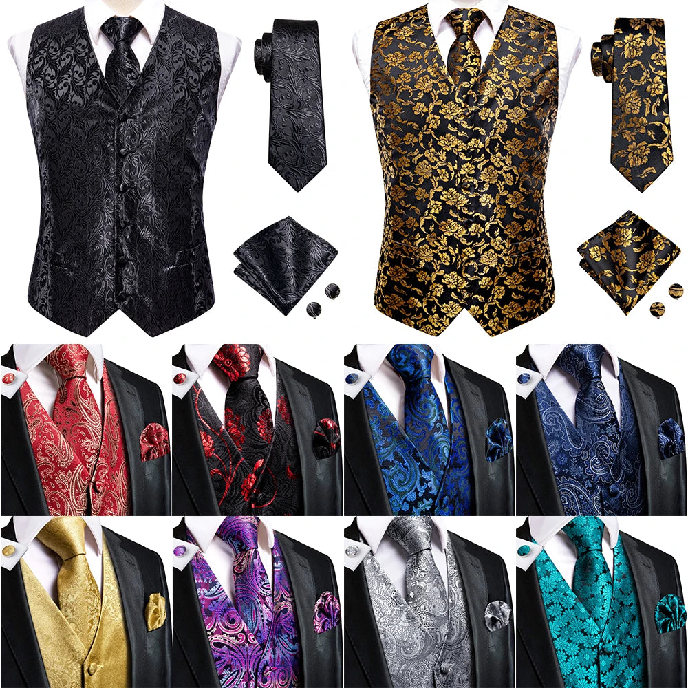 Men Silk Paisley Jacquard Necktie Handkerchief Cufflinks Sets V-Neck Waistcoat