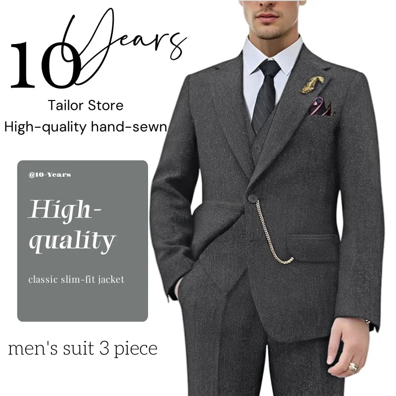 Vintage tweed men's suit 3 piece herringbone slim fit suit( jacket blazer men's vest pants)