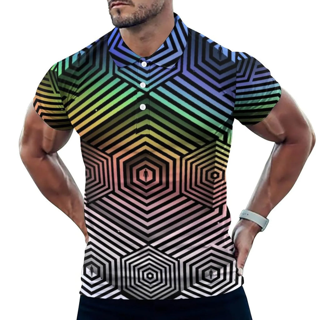 Multi Geometric Print Polo Mondrian Style Streetwear T-Shirts Collar Oversized Clothing