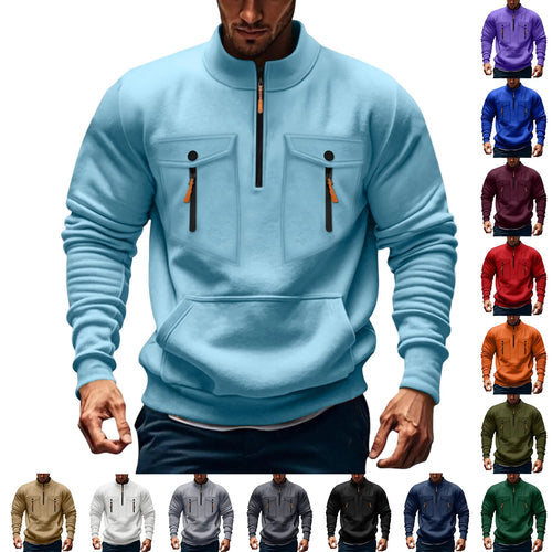 Quarter Zipper Men Stand Up Collar Sweatshirt cargo Long Sleeve Sweatshirt