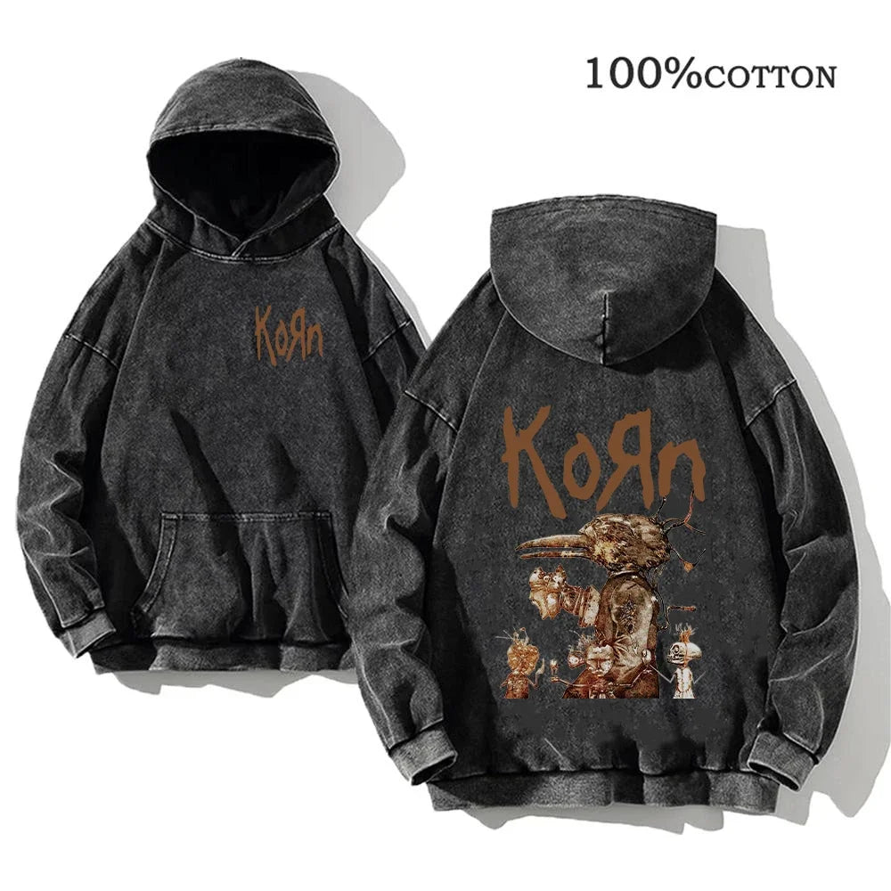 Korn World Tour Hoodies Vintage Washed Men's Sweatshirts Cotton Streetwear Hooded Pullover