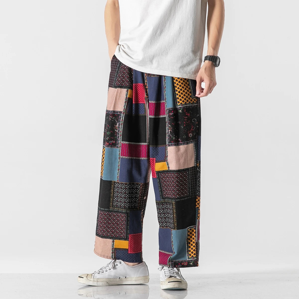 Summer Men's Harem Wide Leg Straight Patchwork Loose Streetwear Trousers M-3XL