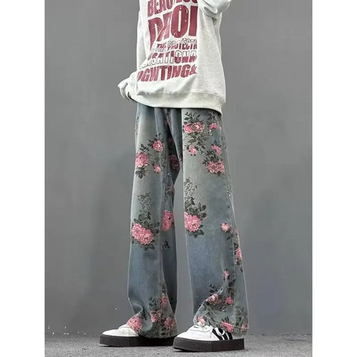 Men trendy straight leg rose blossom jeans American retro pants