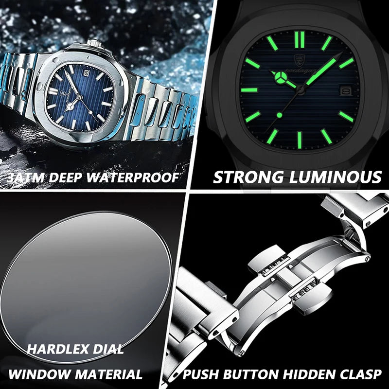 Stainless Steel Men Luxury Luminous Waterproof Square Calendar Quartz Wristwatches