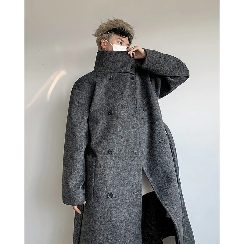 Men's Double-Breasted Wool Blend with Belt Loose Fit Solid Color Stand Collar Trench Coat