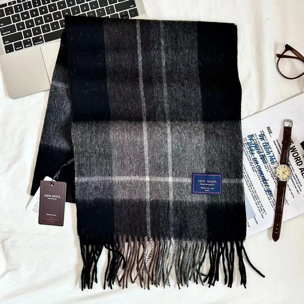 Men 100% Wool Plaid Muffler Cashmere Windproof Stripe Tassel Shaw Thick Scarf