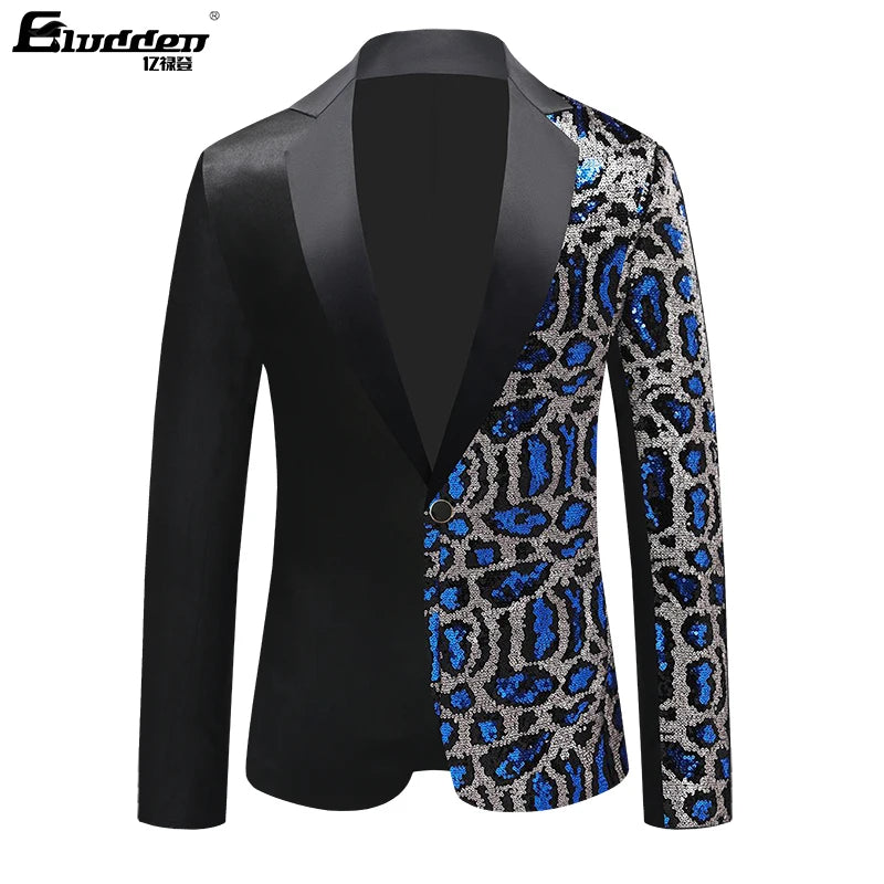 Single Breasted Leopard Sequins Jacket Men Blazer Men's Sequins Suit