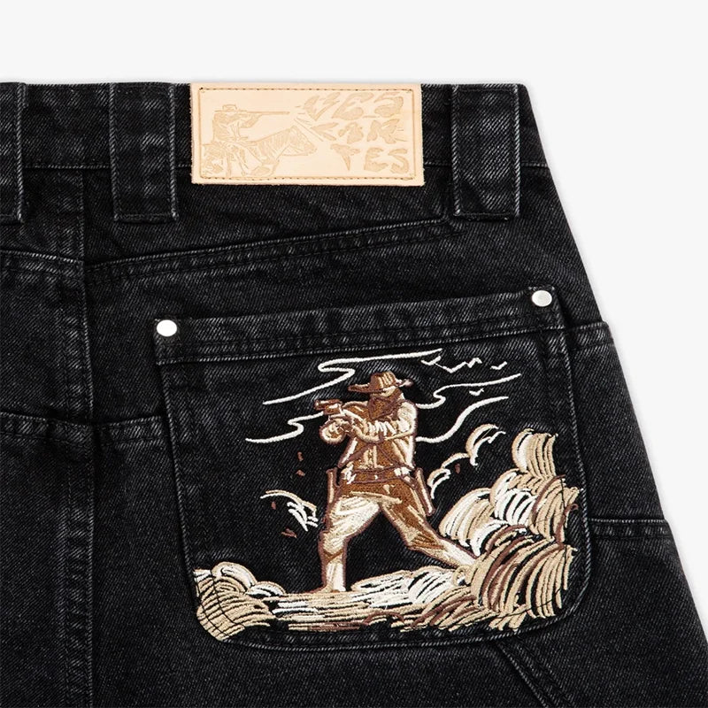 Western Pistol Pendant Pocket Embroidery High Quality Loose Wide Leg Jeans Trend Men's Streetwear