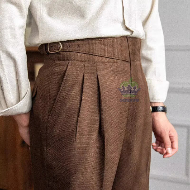 Italian Naples Style Men's Suit Pants High Waisted Straight Fit Formal Trousers