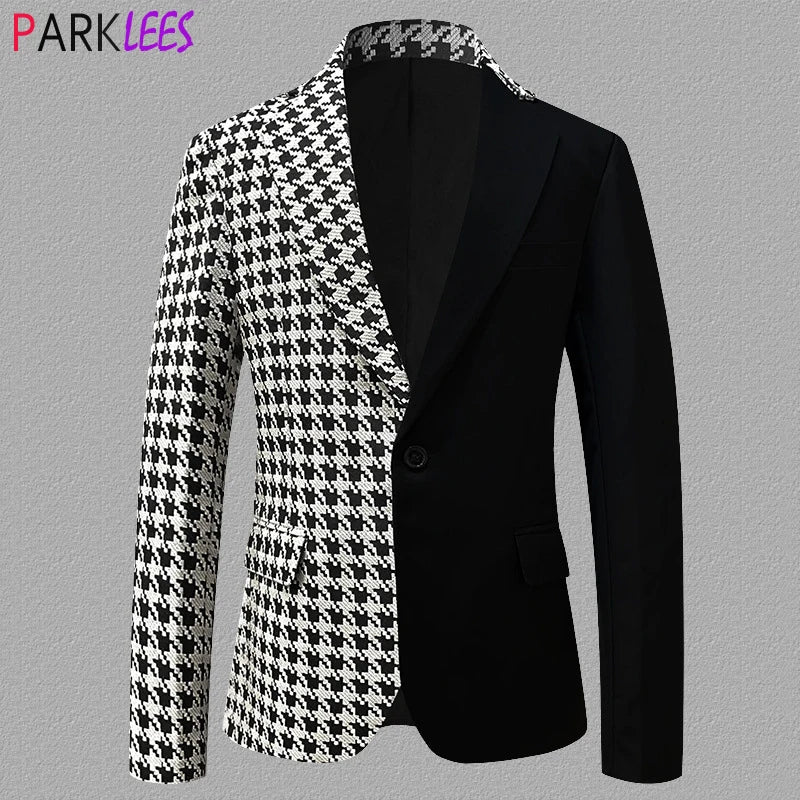Newspaper Pattern Patchwork Suit Jacket Men's One Button Notched Lapel Blazers