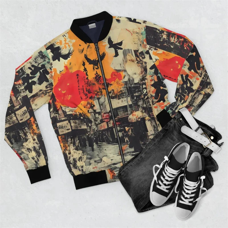 Harajuku Japanese Graffiti Men's Oversized 3D Long Sleeve Zipper Bomber Jackets