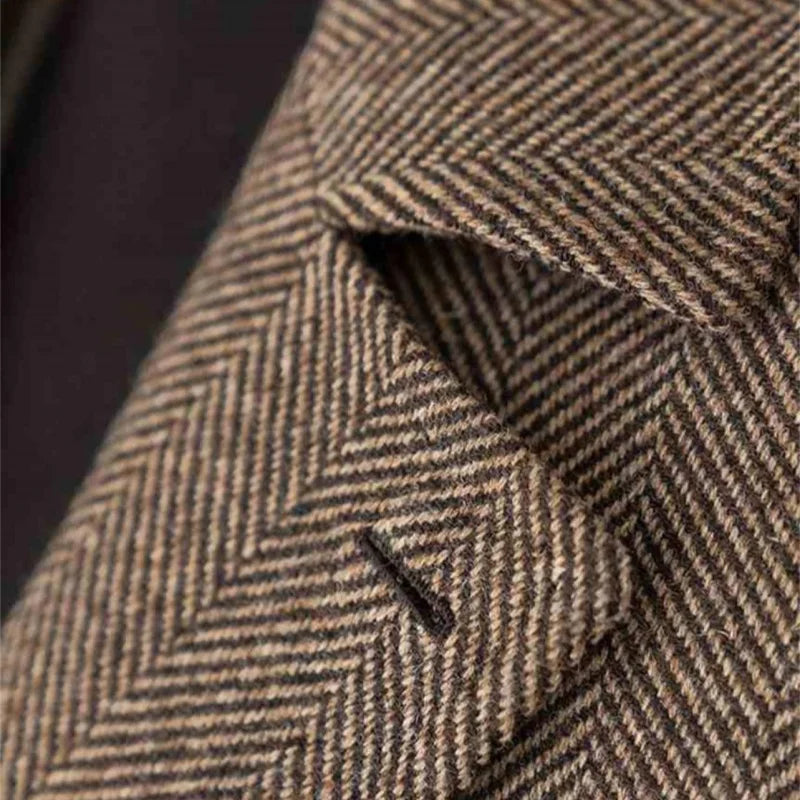 Men's Vintage Herringbone Tweed Blazer British Double Breasted Lightweight Coat