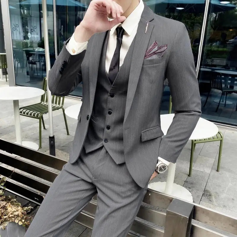 Men's British Three-piece Set Slim Fit Suit Vest Trousers Ensemble Handsome All-in-one