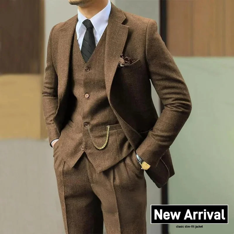 Vintage tweed men's suit 3 piece herringbone slim fit suit( jacket blazer men's vest pants)