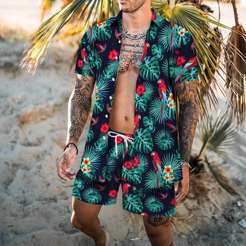 Hawaii Beach Men's Shirt Set Flamingo 3D Printed Loose Short Sleeve Shorts 2Pcs