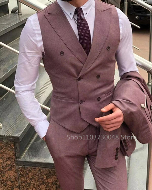 Men's Pink 3 Pieces Suits Slim Fit Formal Men (Jacket + Vest + Trousers)