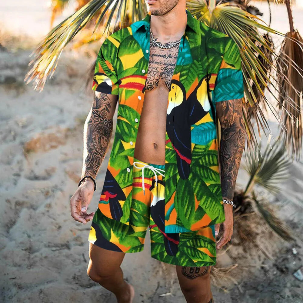 Hawaii Beach Men's Shirt Set Flamingo 3D Printed Loose Short Sleeve Shorts 2Pcs