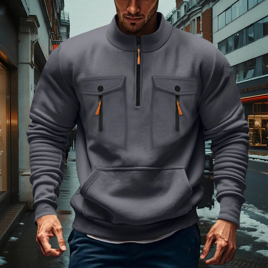 Quarter Zipper Men Stand Up Collar Sweatshirt cargo Long Sleeve Sweatshirt