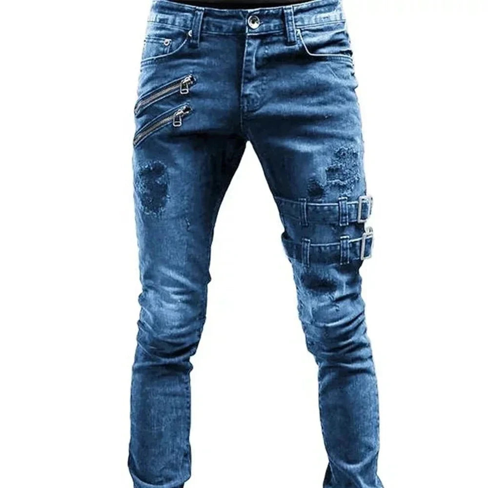 Retro thigh double zipper straight leg jeans men's street wear tight denim pants