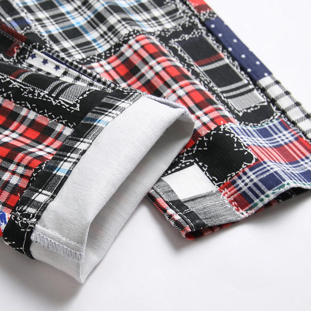 Men Plaid Print Jeans Patchwork Stretch Denim Slim Straight Trousers