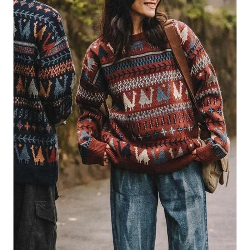 Ethnic Style Crew Neck Pullover Sweater Men Loose  Japanese Retro Thickened Outerwear