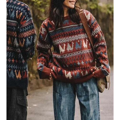 Ethnic Style Crew Neck Pullover Sweater Men Loose  Japanese Retro Thickened Outerwear