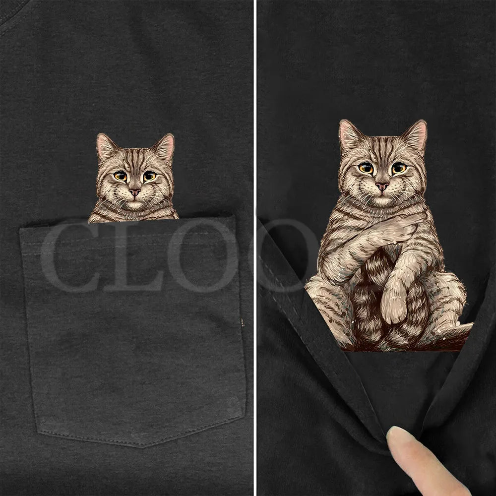 Cotton T-shirts Cartoon Tabby Kitten Double Middle Finger Pockets Shirts