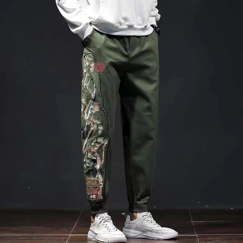 Chinese style men's pants national tide embroidery retro loose pants
